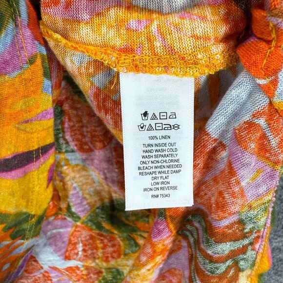 C&C California Blouse Women L Large Orange Floral Short Sleeve Linen Casual - Picture 5 of 9